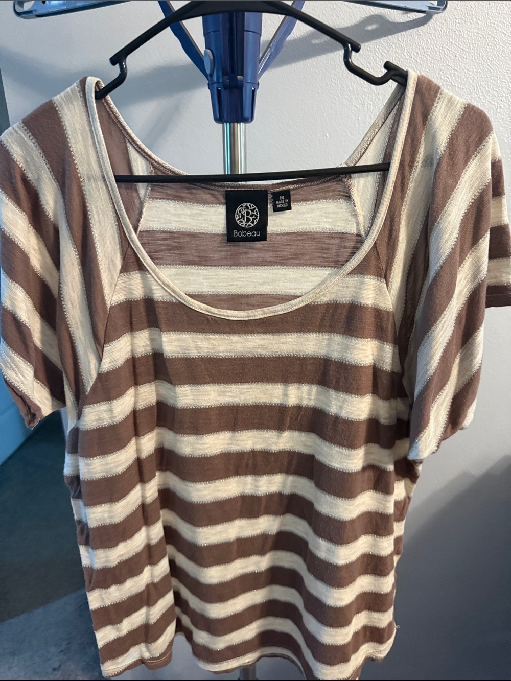 bobeau Brown and Cream Striped Short Sleeve Scoop Neck Top